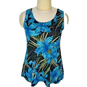Jostar Tunic Tank Top Womens 1X Teal Blue Tropical Floral Sleeveless Swing Hem